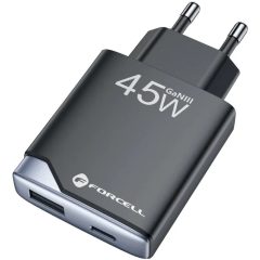   Hálózati töltő adapter, 45W, USB aljzat, USB Type-C aljzat, gyorstöltés, PD, QC 4.0, GaN, Forcell F-Energy GaN III B245202, fekete