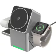   Univerzális vezeték nélküli töltő állomás 3in1, Qi Wireless, 15W, asztali tartó, mágneses, forgatható, Magsafe kompatibilis eszközökhöz, Geometric Charger, ezüst