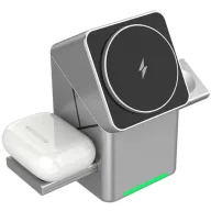   Univerzális vezeték nélküli töltő állomás 3in1, Qi Wireless, 15W, asztali tartó, mágneses, forgatható, Magsafe kompatibilis eszközökhöz, Geometric Charger, ezüst