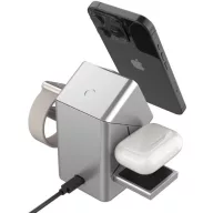   Univerzális vezeték nélküli töltő állomás 3in1, Qi Wireless, 15W, asztali tartó, mágneses, forgatható, Magsafe kompatibilis eszközökhöz, Geometric Charger, ezüst