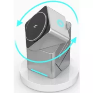  Univerzális vezeték nélküli töltő állomás 3in1, Qi Wireless, 15W, asztali tartó, mágneses, forgatható, Magsafe kompatibilis eszközökhöz, Geometric Charger, ezüst
