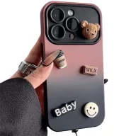   Apple iPhone 13, Szilikon tok, színátmenetes, 3D maci, kávé, smile minta, Teddy Bear Coffee Case, rózsaszín/fekete