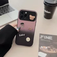   Apple iPhone 13, Szilikon tok, színátmenetes, 3D maci, kávé, smile minta, Teddy Bear Coffee Case, rózsaszín/fekete