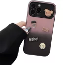Apple iPhone 15, Szilikon tok, színátmenetes, 3D maci, kávé, smile minta, Teddy Bear Coffee Case, rózsaszín/fekete