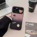 Apple iPhone 15, Szilikon tok, színátmenetes, 3D maci, kávé, smile minta, Teddy Bear Coffee Case, rózsaszín/fekete