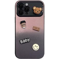  Apple iPhone 16 Pro, Szilikon tok, színátmenetes, 3D maci, kávé, smile minta, Teddy Bear Coffee Case, rózsaszín/fekete