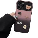 Apple iPhone 16 Pro, Szilikon tok, színátmenetes, 3D maci, kávé, smile minta, Teddy Bear Coffee Case, rózsaszín/fekete
