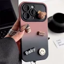 Apple iPhone 16 Pro, Szilikon tok, színátmenetes, 3D maci, kávé, smile minta, Teddy Bear Coffee Case, rózsaszín/fekete