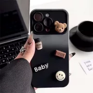   Apple iPhone 13, Szilikon tok, színátmenetes, 3D maci, kávé, smile minta, Teddy Bear Coffee Case, szürke/fekete