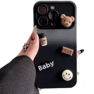   Apple iPhone 14, Szilikon tok, színátmenetes, 3D maci, kávé, smile minta, Teddy Bear Coffee Case, szürke/fekete