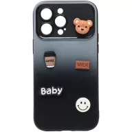   Apple iPhone 15 Pro, Szilikon tok, színátmenetes, 3D maci, kávé, smile minta, Teddy Bear Coffee Case, szürke/fekete