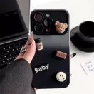 Apple iPhone 15 Pro, Szilikon tok, színátmenetes, 3D maci, kávé, smile minta, Teddy Bear Coffee Case, szürke/fekete