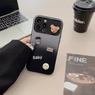   Apple iPhone 15 Pro, Szilikon tok, színátmenetes, 3D maci, kávé, smile minta, Teddy Bear Coffee Case, szürke/fekete