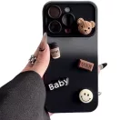 Apple iPhone 16, Szilikon tok, színátmenetes, 3D maci, kávé, smile minta, Teddy Bear Coffee Case, szürke/fekete