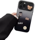 Apple iPhone 16, Szilikon tok, színátmenetes, 3D maci, kávé, smile minta, Teddy Bear Coffee Case, szürke/fekete