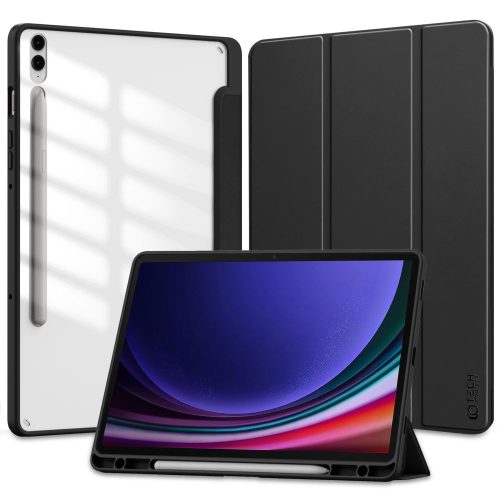 Samsung Galaxy Tab S9 FE Plus (12.4) SM-X610 / X616B, mappa tok, közepesen ütésálló, érintőceruza tartóval, átlátszó hátlap, Trifold, TP SC Pen Hybrid, fekete
