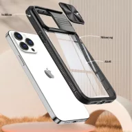   Apple iPhone 15 Plus, Műanyag hátlap + szilikon keret, átlátszó akril hátlap, kamera védelem, Wooze Trendy, fekete