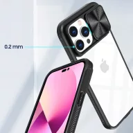   Apple iPhone 15 Plus, Műanyag hátlap + szilikon keret, átlátszó akril hátlap, kamera védelem, Wooze Trendy, fekete
