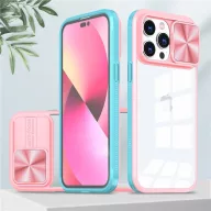   Apple iPhone 13 Pro Max, Műanyag hátlap + szilikon keret, átlátszó akril hátlap, kamera védelem, Wooze Trendy, rózsaszín/kék