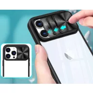   Apple iPhone 13 Pro Max, Műanyag hátlap + szilikon keret, átlátszó akril hátlap, kamera védelem, Wooze Trendy, sötétkék