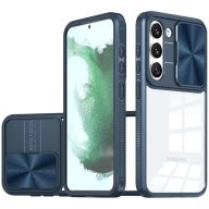   Samsung Galaxy S22 Ultra 5G SM-S908, Műanyag hátlap + szilikon keret, átlátszó akril hátlap, kamera védelem, Wooze Trendy, sötétkék