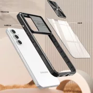   Samsung Galaxy A12 / A12 Nacho / M12 SM-A125F / A127F / M127F, Műanyag hátlap + szilikon keret, átlátszó akril hátlap, kamera védelem, Wooze Trendy, sötétkék