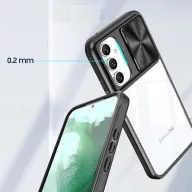   Samsung Galaxy A12 / A12 Nacho / M12 SM-A125F / A127F / M127F, Műanyag hátlap + szilikon keret, átlátszó akril hátlap, kamera védelem, Wooze Trendy, sötétkék