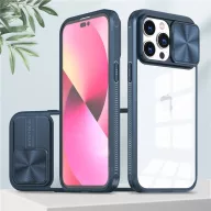   Apple iPhone 16 Pro, Műanyag hátlap + szilikon keret, átlátszó akril hátlap, kamera védelem, Wooze Trendy, sötétkék
