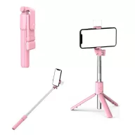   Prémium selfie bot, 19 - 70 cm, forgatható, exponáló gombbal, bluetooth-os, v4.0, tripod, világítással, R1S, rózsaszín