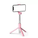 Prémium selfie bot, 19 - 70 cm, forgatható, exponáló gombbal, bluetooth-os, v4.0, tripod, világítással, R1S, rózsaszín