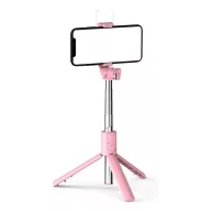   Prémium selfie bot, 19 - 70 cm, forgatható, exponáló gombbal, bluetooth-os, v4.0, tripod, világítással, R1S, rózsaszín