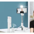 Prémium selfie bot, 19 - 70 cm, forgatható, exponáló gombbal, bluetooth-os, v4.0, tripod, világítással, R1S, fehér