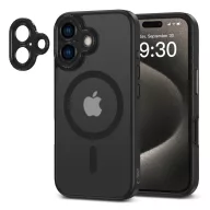   Apple iPhone 16, Műanyag hátlap védőtok + szilikon keret, Magsafe töltővel kompatibilis, kameravédő kerettel, Magcam Magsafe, áttetsző/fekete