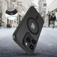   Apple iPhone 16 Pro, Műanyag hátlap védőtok + szilikon keret, Magsafe töltővel kompatibilis, kameravédő kerettel, Magcam Magsafe, áttetsző/fekete