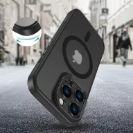   Apple iPhone 16 Pro Max, Műanyag hátlap védőtok + szilikon keret, Magsafe töltővel kompatibilis, kameravédő kerettel, Magcam Magsafe, áttetsző/fekete