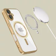   Apple iPhone 16, Műanyag hátlap védőtok + szilikon keret, közepesen ütésálló, Magsafe töltővel kompatibilis, fényes keret, Magflex Magsafe, átlátszó/arany