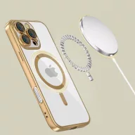   Apple iPhone 16 Pro, Műanyag hátlap védőtok + szilikon keret, közepesen ütésálló, Magsafe töltővel kompatibilis, fényes keret, Magflex Magsafe, átlátszó/arany