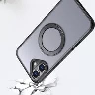   Apple iPhone 16, Műanyag hátlap védőtok + szilikon keret, kitámasztóval, ujjtámasz, Magsafe töltővel kompatibilis, Magring Magsafe, áttetsző/fekete