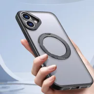  Apple iPhone 16, Műanyag hátlap védőtok + szilikon keret, kitámasztóval, ujjtámasz, Magsafe töltővel kompatibilis, Magring Magsafe, áttetsző/fekete