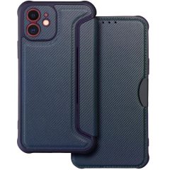   Apple iPhone 16, Oldalra nyíló tok, légpárnás sarok, bőrhatású, karbon minta, Razor Book, kék