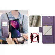   Apple iPhone 15, Oldalra nyíló tok, stand, kártyatartóval, RFID technológiával, Wooze CaseME, lila