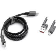   USB Type-C / USB töltő- és adatkábel 4in1, USB Type-C / Lightning, 100 cm, 3000 mA, 60W, változtatható töltőfej, törésgátló, lapos, gyorstöltés, cipőfűző minta, Forcell F-Energy C241, szürke