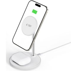   Univerzális vezeték nélküli töltő állomás 2in1, Qi Wireless, 15W, asztali tartó, mágneses, MagSafe kompatibilis, Tech-Protect QI15W-A39, fehér