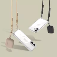   Apple iPhone 16, Szilikon védőkeret + műanyag hátlap, nyakbaakasztó, Magsafe töltővel kompatibilis, FlexAir Chain Magsafe, átlátszó (fekete, beige)