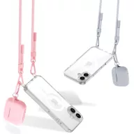   Apple iPhone 16, Szilikon védőkeret + műanyag hátlap, nyakbaakasztó, Magsafe töltővel kompatibilis, FlexAir Chain Magsafe, átlátszó (szürke, rózsaszín)