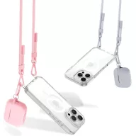   Apple iPhone 16 Pro, Szilikon védőkeret + műanyag hátlap, nyakbaakasztó, Magsafe töltővel kompatibilis, FlexAir Chain Magsafe, átlátszó (szürke, rózsaszín)