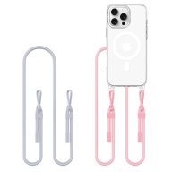   Apple iPhone 16 Pro Max, Szilikon védőkeret + műanyag hátlap, nyakbaakasztó, Magsafe töltővel kompatibilis, FlexAir Chain Magsafe, átlátszó (szürke, rózsaszín)