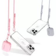   Apple iPhone 16 Pro Max, Szilikon védőkeret + műanyag hátlap, nyakbaakasztó, Magsafe töltővel kompatibilis, FlexAir Chain Magsafe, átlátszó (szürke, rózsaszín)