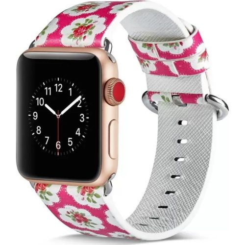 Apple Watch 4-6, SE, SE (2022) (38 / 40 mm) / Watch 7-9 (41 mm), bőr pótszíj, állítható, virág minta, F3, Xprotector, mintás/rózsaszín