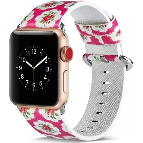 Apple Watch 4-6, SE, SE (2022) (42 / 44 mm) / Watch 7-9 (45 mm) / Watch Ultra 1-2 (49 mm), bőr pótszíj, állítható, virág minta, F3, Xprotector, mintás/rózsaszín